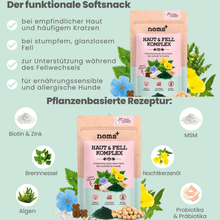 Lade das Bild in den Galerie-Viewer, Noms+ Haut & Fell Komplex für Hunde | Unterstützt die Hautbarriere | Snacks mit Biotin, Zink & Nachtkerzenöl | Vegan & tierleidfrei | 200g