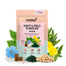 Lade das Bild in den Galerie-Viewer, Noms+ Haut & Fell Komplex für Hunde | Unterstützt die Hautbarriere | Snacks mit Biotin, Zink & Nachtkerzenöl | Vegan & tierleidfrei | 200g | Verpackung