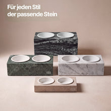 Lade das Bild in den Galerie-Viewer, Vier PRIGUR Naturstein-Futterstationen im Vergleich: schwarz-weiß gemasert, grün, weiß und beige | Fräulein Plath