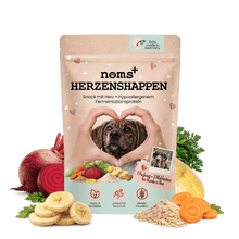 Lade das Bild in den Galerie-Viewer, noms+ Herzenshappen Snack | Hypoallergener Softsnack für sensible Hunde | Vegan & tierleidfrei | 200g