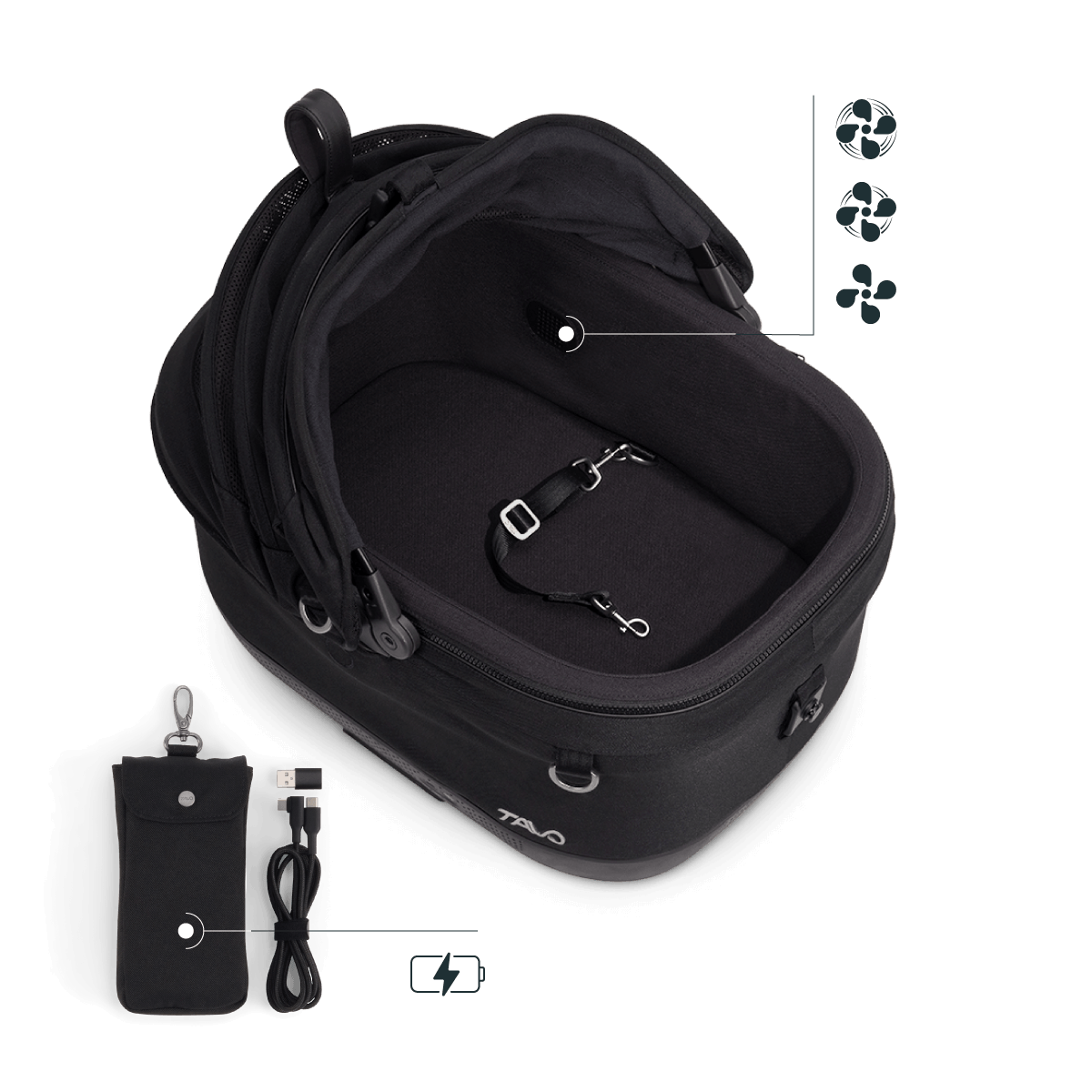 Isofix Autositz & Transportbox Maeve™ iso5x Wind Tavo | Integriertes Belüftungssystem | für Hunde bis 13.6 kg | GREENGUARD-Gold-Zertifizierung | Onyx | Fräulein Plath