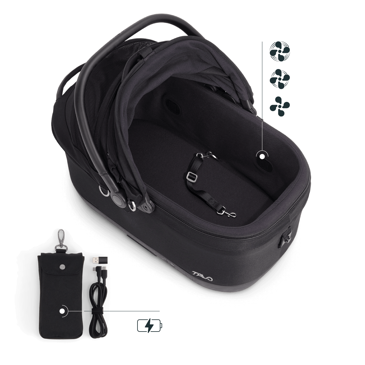 Isofix Autositz Transportbox Maeve™ iso6x Wind Onyx von TAVO für Katzen & kleine Hunde bis 18 kg - mit integriertem Belüftungssystem