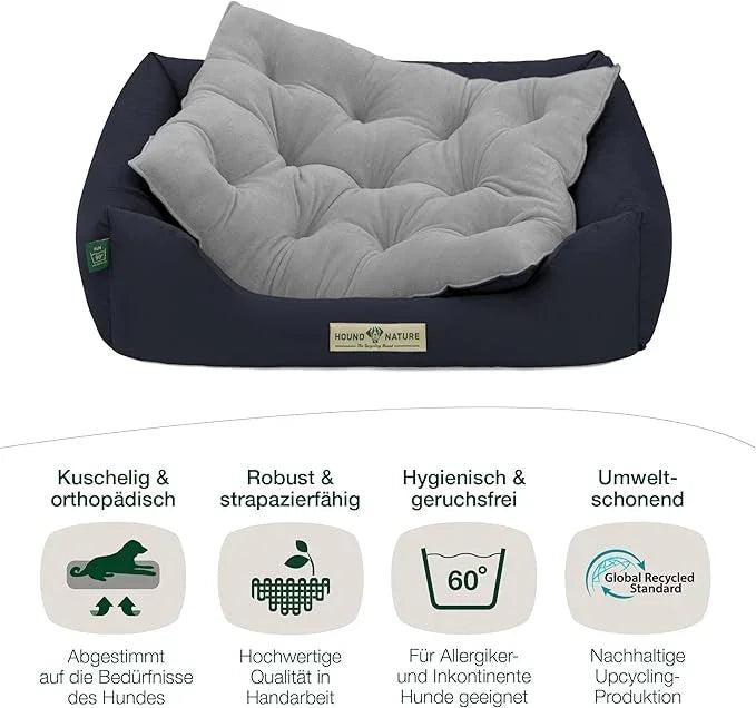 Orthopädisches Öko-Hundebett Zürich von HOUND&NATURE | Fleece-Seite | Recycelte Materialien | Oeko-Tex® Standard | Blau | Fräulein Plath