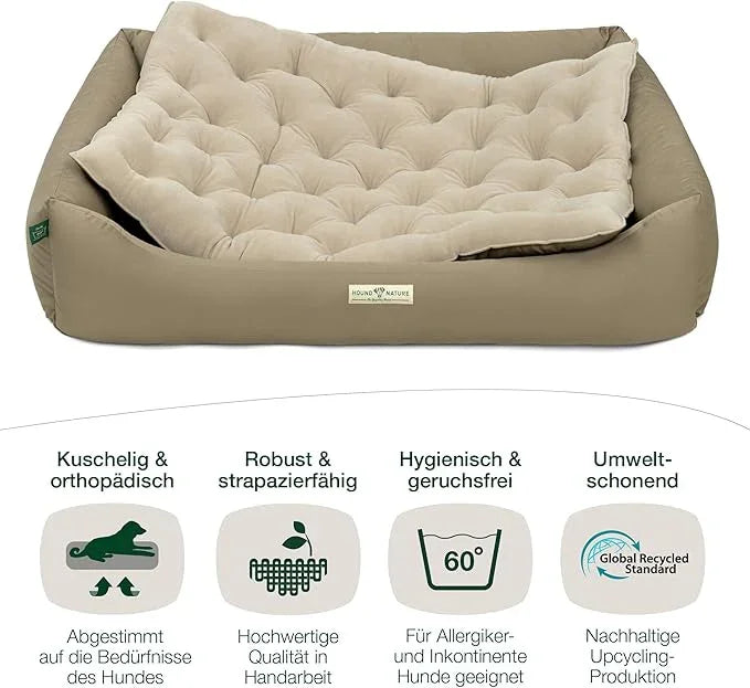 Orthopädisches Öko-Hundebett Zürich von HOUND&NATURE | Fleece-Seite | Recycelte Materialien | Oeko-Tex® Standard | Taupe | Fräulein Plath