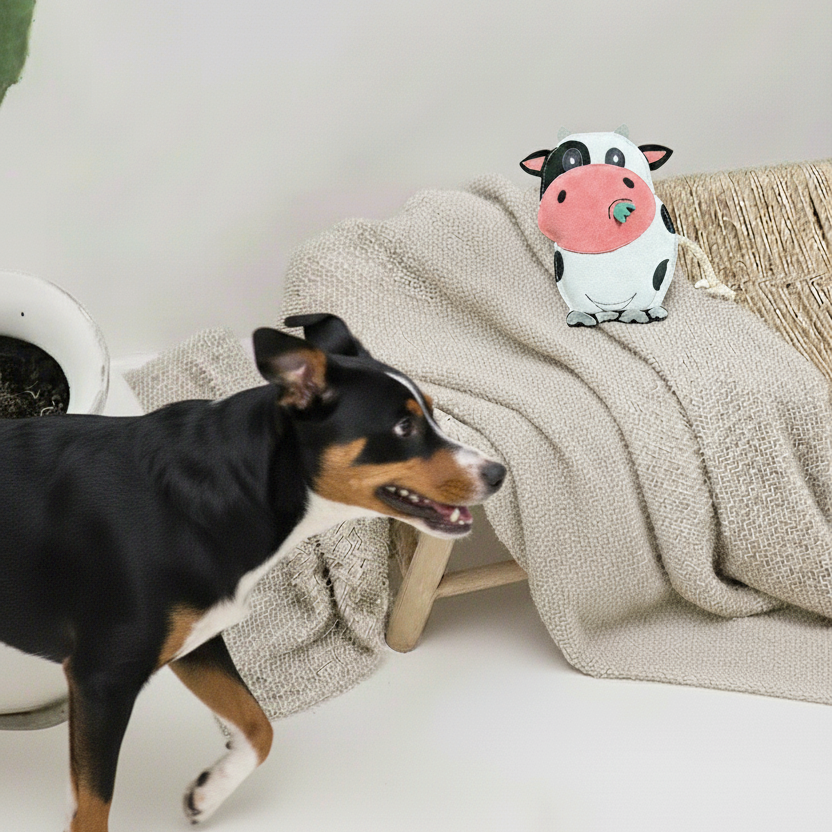 Schwarz-braun-weißer Hund vor einer Bank mit dem BUDDY. Lederspielzeug Kuh Collin auf einer hellen Decke
