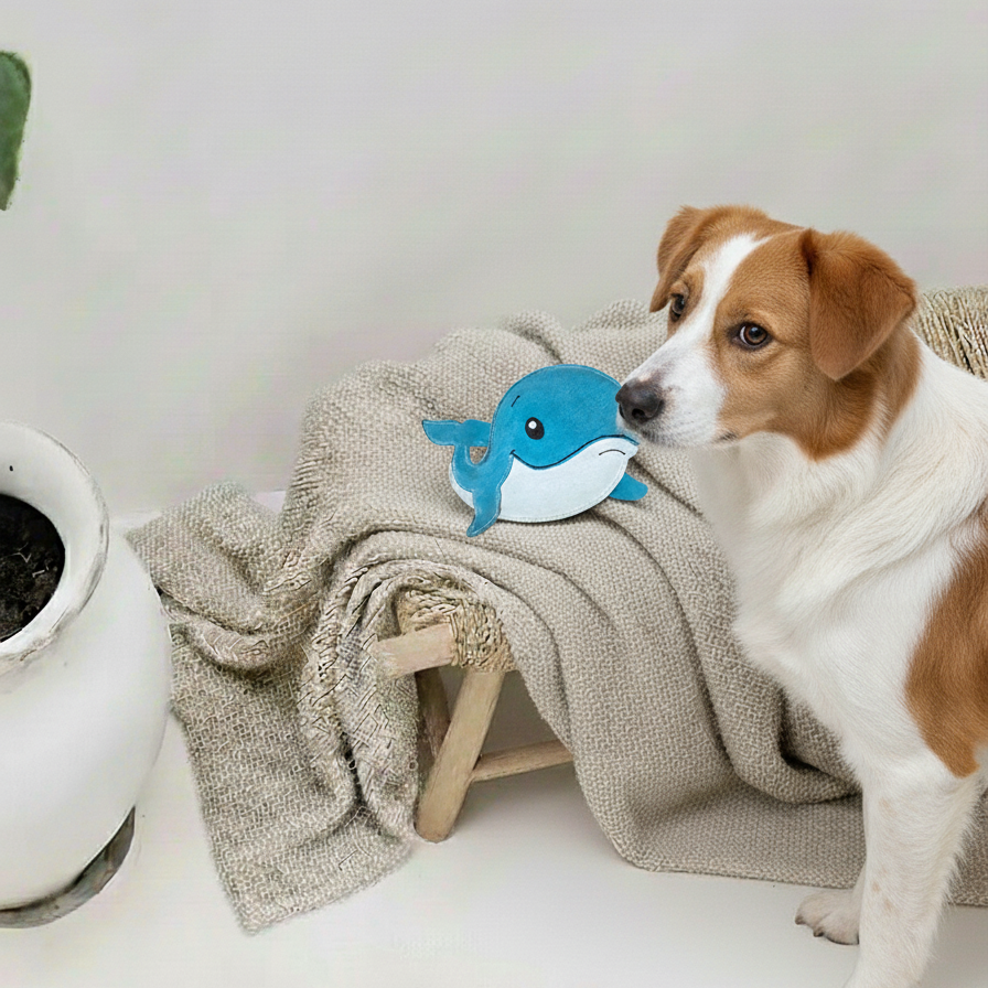 Braun-weißer Hund neben dem BUDDY. Leder-Wal Will auf einer Decke auf einer geflochtenen Bank
