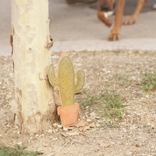 Lade das Bild in den Galerie-Viewer, BUDDY. Leder-Kaktus an einem Baumstamm mit einem herankommenden braunen Hund im Hintergrund

