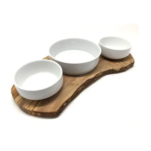 Nachhaltige Futterstation RUSTY TRIO für Nass-Trockenfutter & Wasser | Olivenholz & Porzellan | Natürliche Rohstoffe