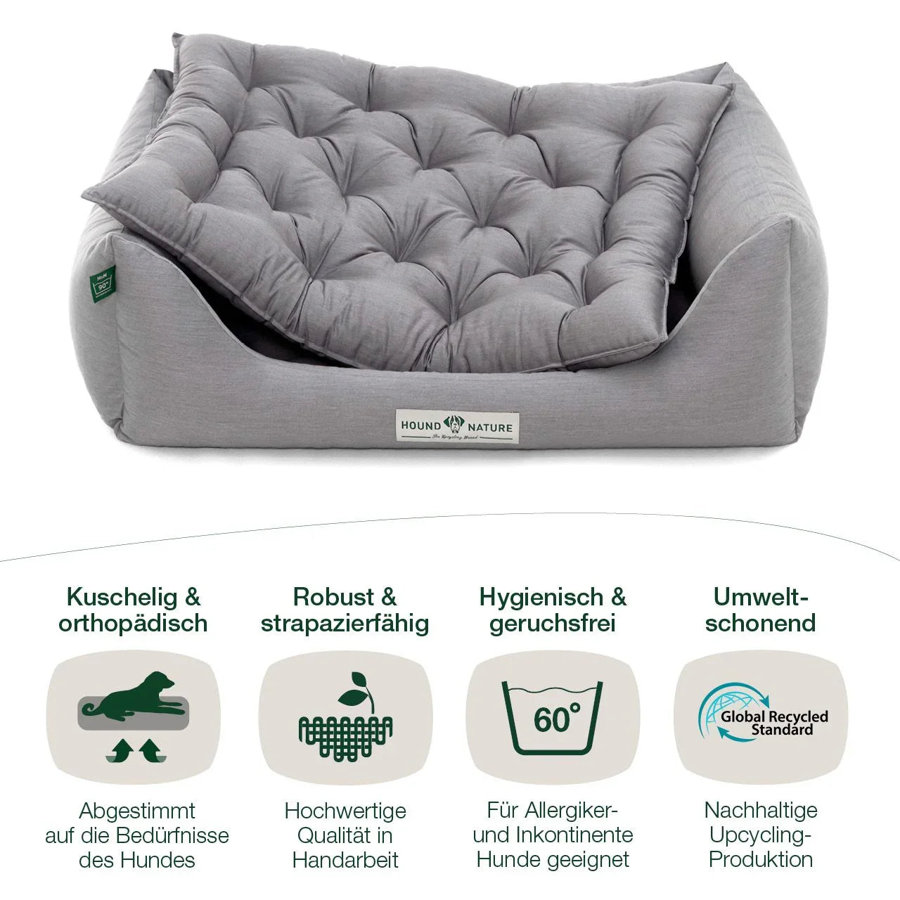 Orthopädisches Öko-Hundebett Zermatt von HOUND&NATURE | Recycelte Materialien | Oeko-Tex® Standard | Hellgrau | Fräulein Plath