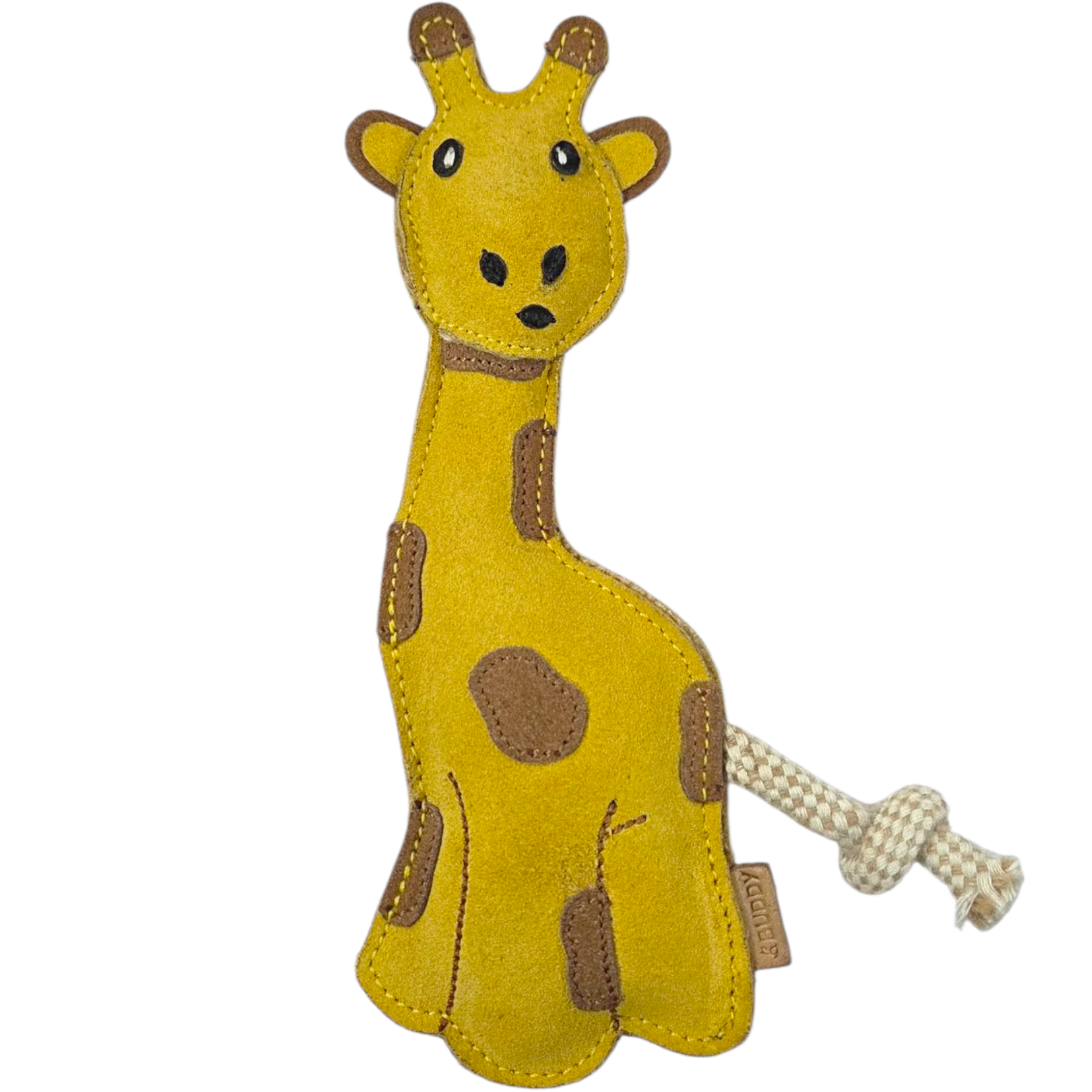BUDDY. Lederspielzeug Giraffe Gina in Gelb mit braunen Flecken und geknotetem Seilschwanz auf weißem Hintergrund
