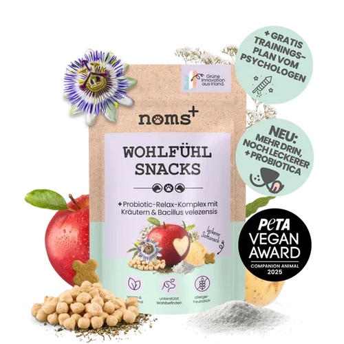 Noms+ Wohlfühlsnacks für Hunde | Bei Stress, Angst, Unruhe & Hyperaktivität | 100% vegan & tierleidfrei | 200g