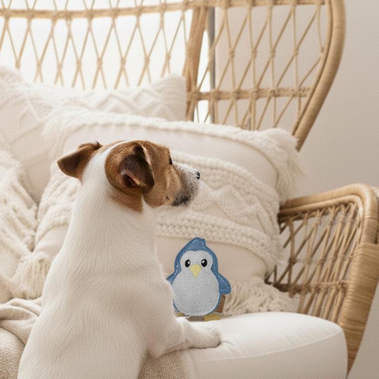 Kleiner weiß-brauner Hund steht an einem Rattansessel neben dem BUDDY. Lederspielzeug Pinguin
