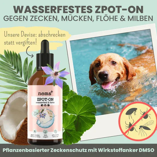WASSERFEST Noms+ Zpot-on Tropfen für Hunde gegen Flöhe, Zecken, Milben & Mücken | 100% Chemiefrei | 100ml Jahresvorrat | Fräulein Plath