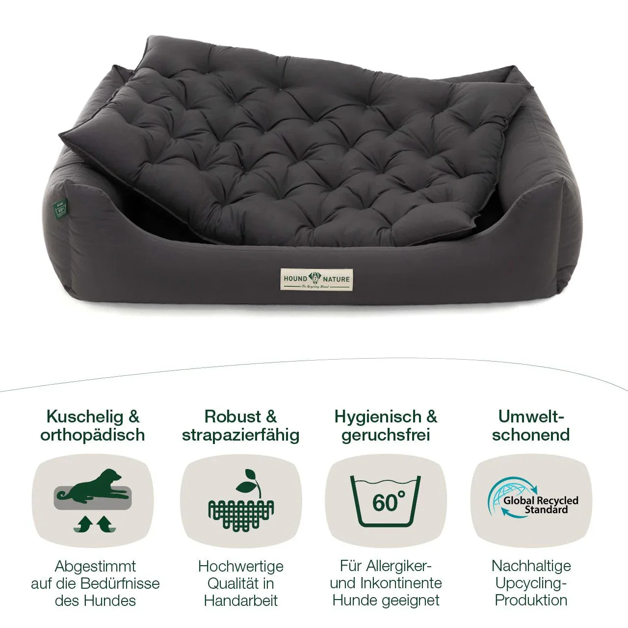 Orthopädisches Öko-Hundebett Zermatt von HOUND&NATURE | Recycelte Materialien | Oeko-Tex® Standard | Grau | Fräulein Plath