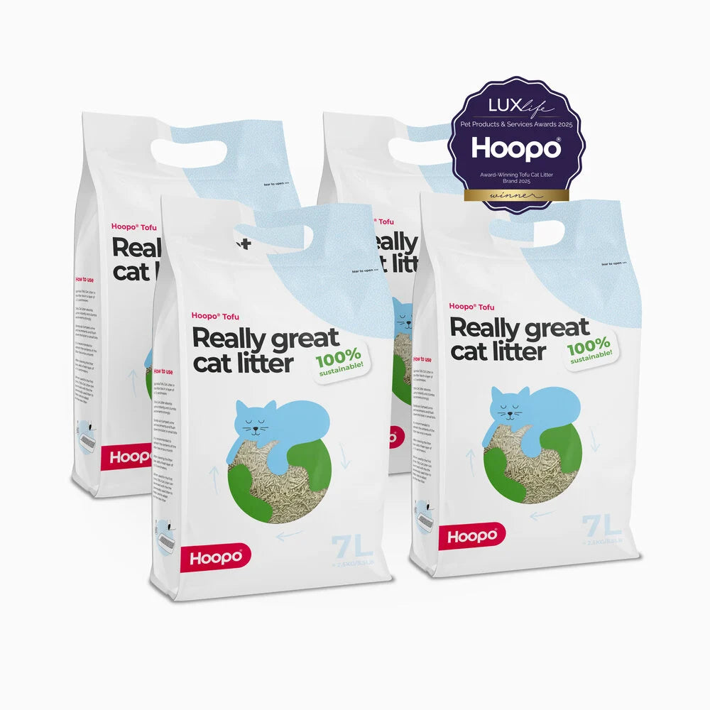 Nachhaltiges Katzenstreu von HOOPO® | 100% Tofu & SGS/IFRA-zertifizierter Duft | 4x7 Liter (2,5kg)