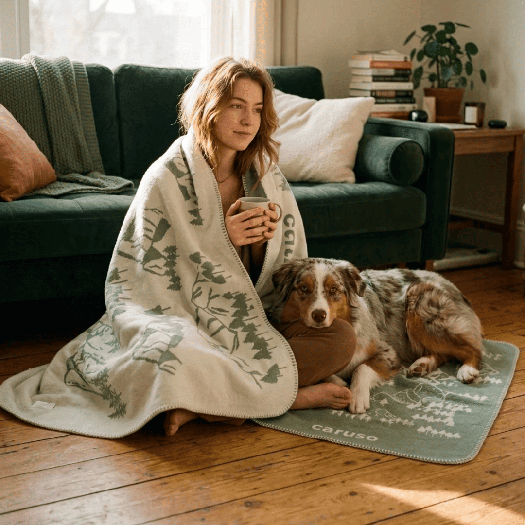 Hundedecke Forrest von Caruso - weich & flauschig | Fräulein Plath | Nachhaltig & recycelt -  beige - grün | 2 Größen für Hund und Wolldecke Mensch |  Global Recycled Standard zertifiziert