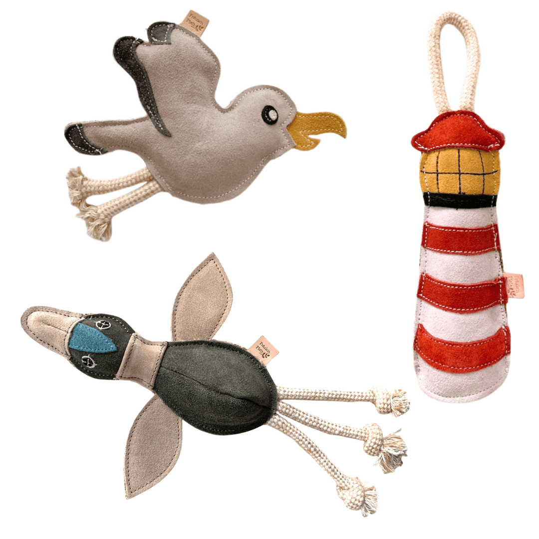 Nachhaltiges Hundespielzeug Set "Nordsee" | 100% schadstofffrei | Upcycling Leder & natürliche Baumwolle